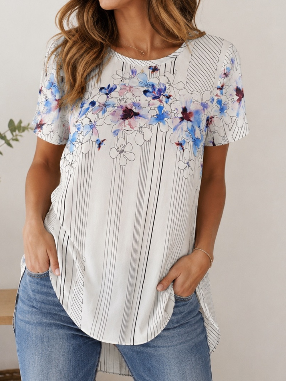 3.1 Phillip Lim Cream Tunic with Blue & Purple Floral silk top